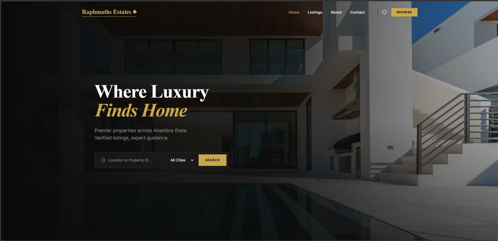 Raphmaths Estates marketing site, hero with property search